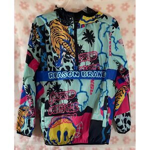 Reason Brand Retro Streetwear Windbreaker Jacket Tiger & Palm Tree Graphic Print